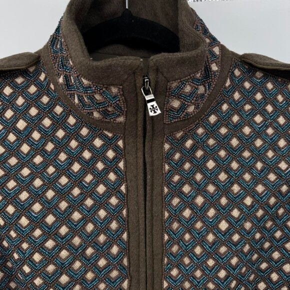 Tory Burch Women’s Embroidered Wool-Blend Zip Jacket Size 10 Olive Green Texture - Picture 2 of 8